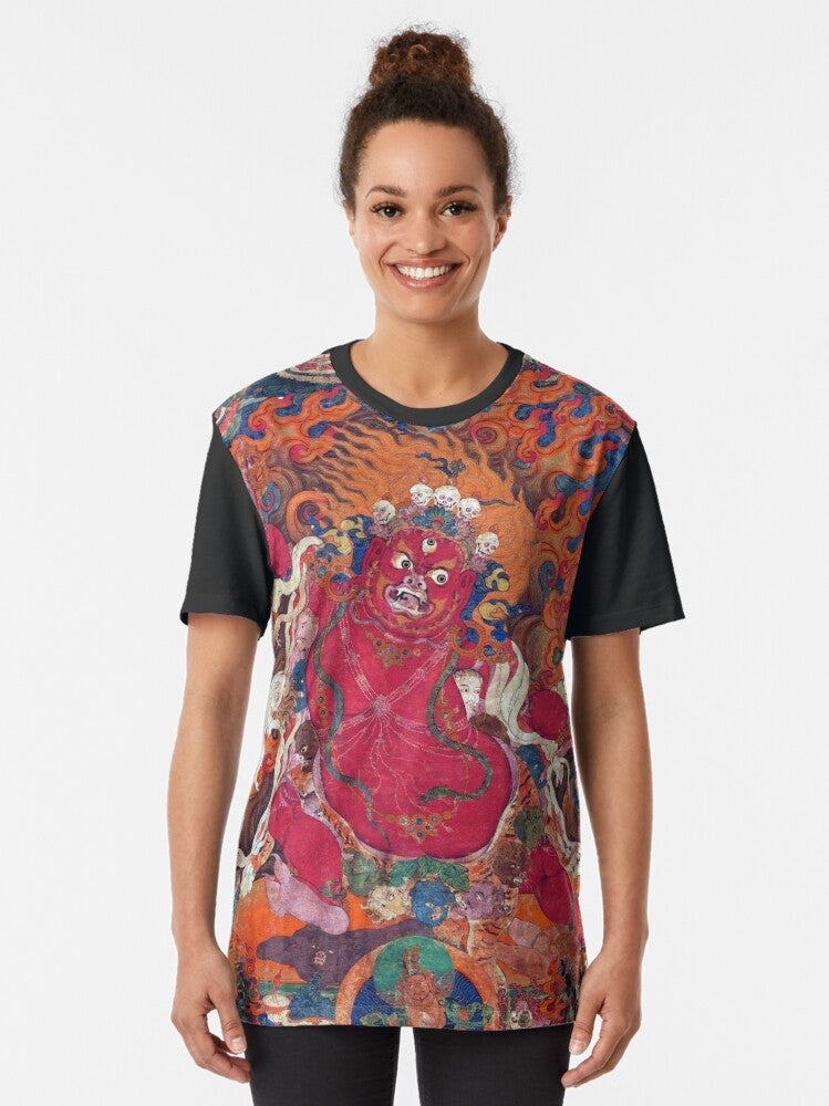 Guru Dragpo, a Tibetan Buddhist deity, featured on a graphic t-shirt with restored Tibetan artwork - Women