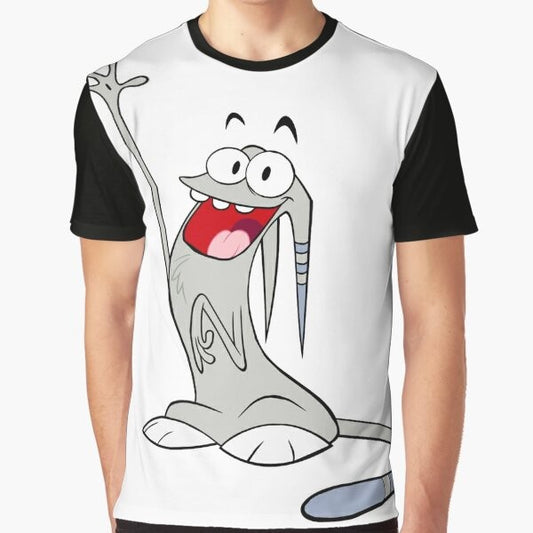 Waffle graphic t-shirt with a cartoon cat design in gray