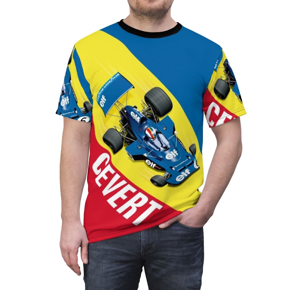 Vintage racing-inspired t-shirt featuring a graphic design of a classic race car - men front