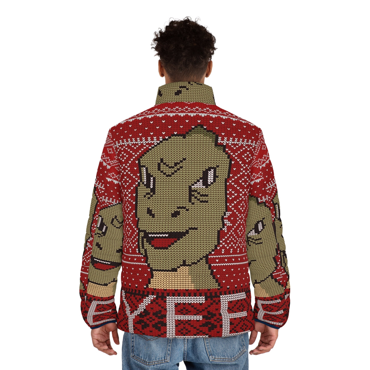 Yee Ugly Christmas Puffer Jacket featuring a dinosaur meme design - men back