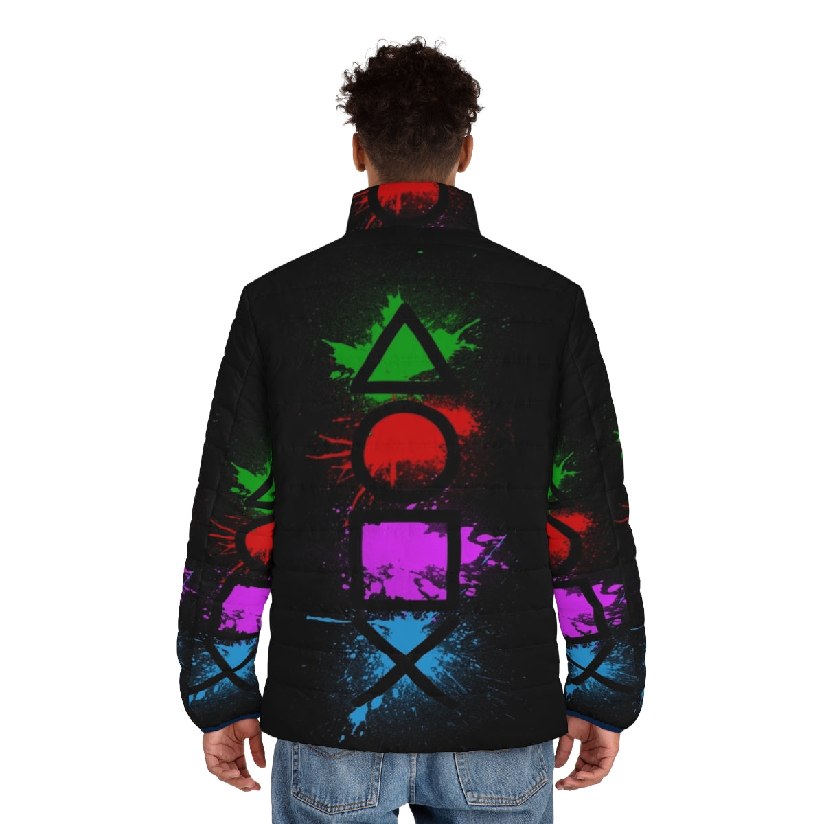 Splatter puffer jacket with video game controller buttons design - men back