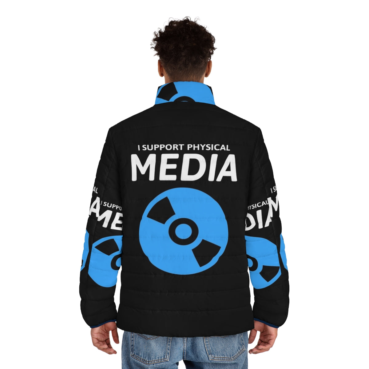 I Support Physical Media Blu-Ray Disc Design Puffer Jacket for movie lovers and film enthusiasts - men back