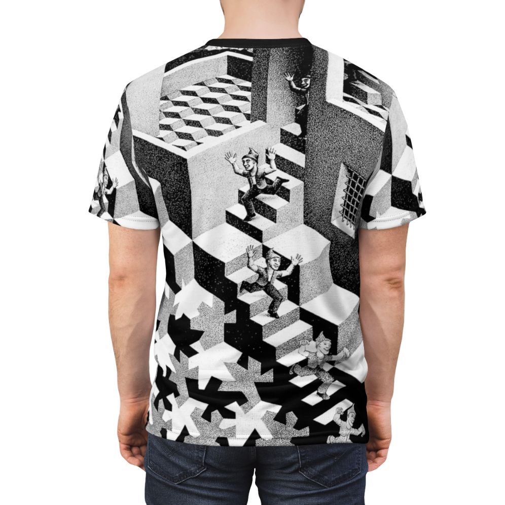 M C Escher inspired t-shirt featuring the artist's iconic surreal and cubist artwork - men back