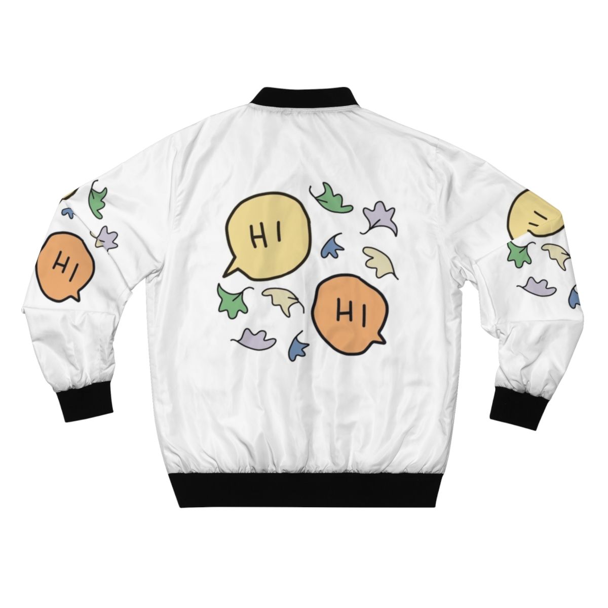 A pastel-colored bomber jacket with a Heartstopper graphic featuring leaves and characters from the series. - Back