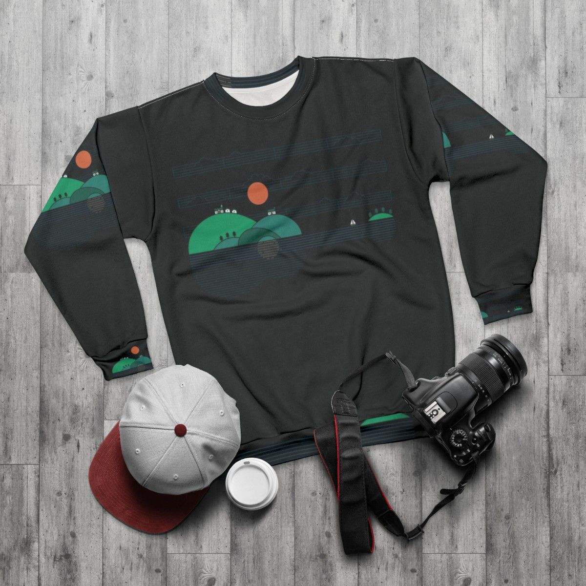 Island Folk Sweatshirt with acoustic guitar and sailing imagery - flat lay