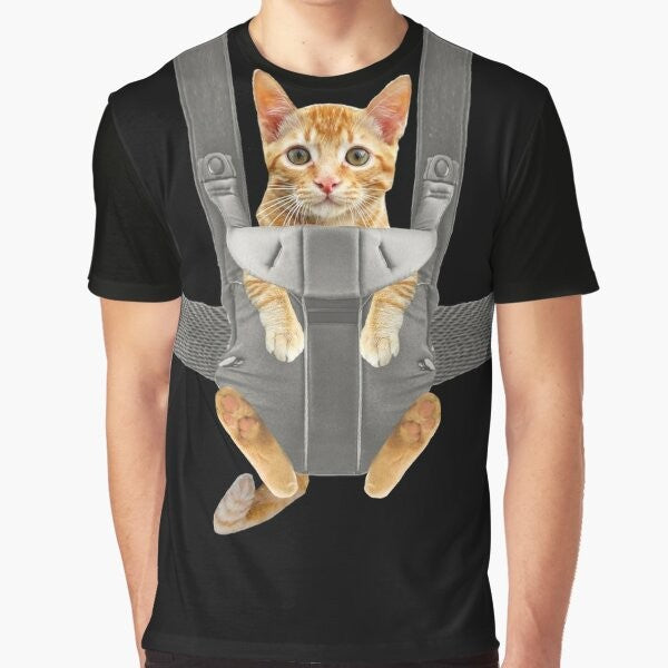 Monty the Funny Orange Cat in a Baby Carrier Graphic T-Shirt