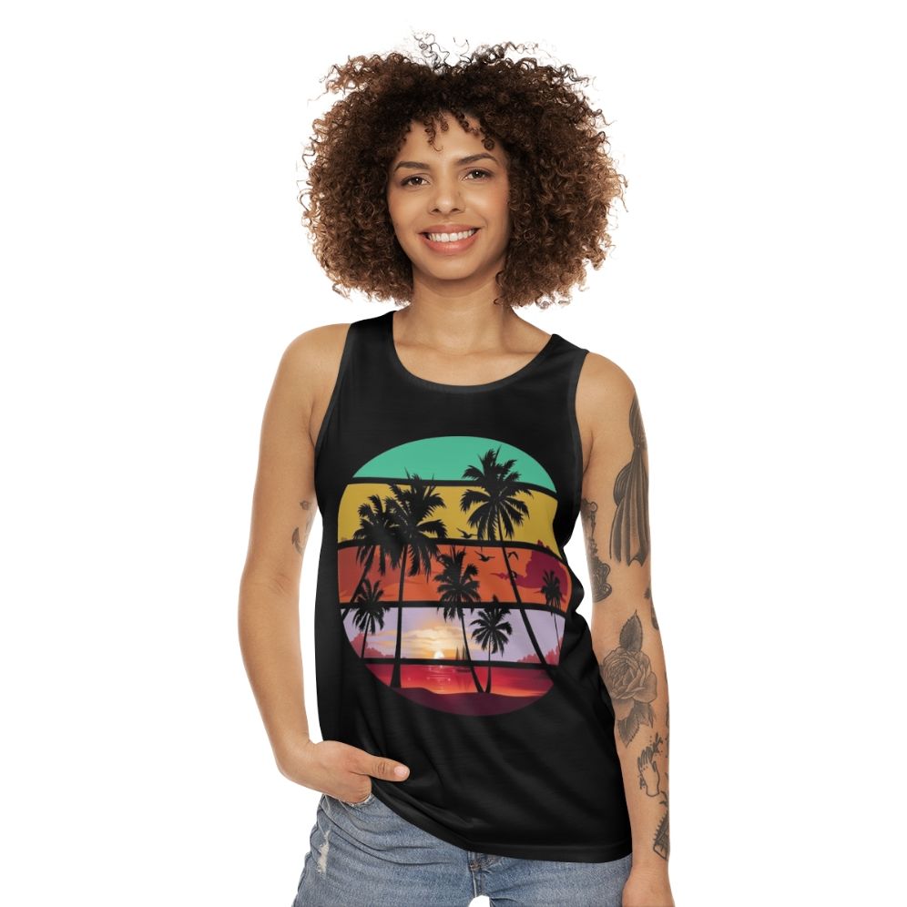 Unisex tank top with tree silhouette and sunset landscape - women