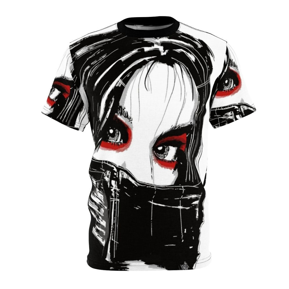 Stylized black and white portrait t-shirt inspired by the cult Korean film "Lady Vengeance" by director Park Chan-wook.