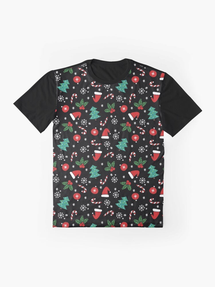 Christmas graphic t-shirt with festive holiday design featuring a tree, snowflakes, and holiday elements. - Flat lay