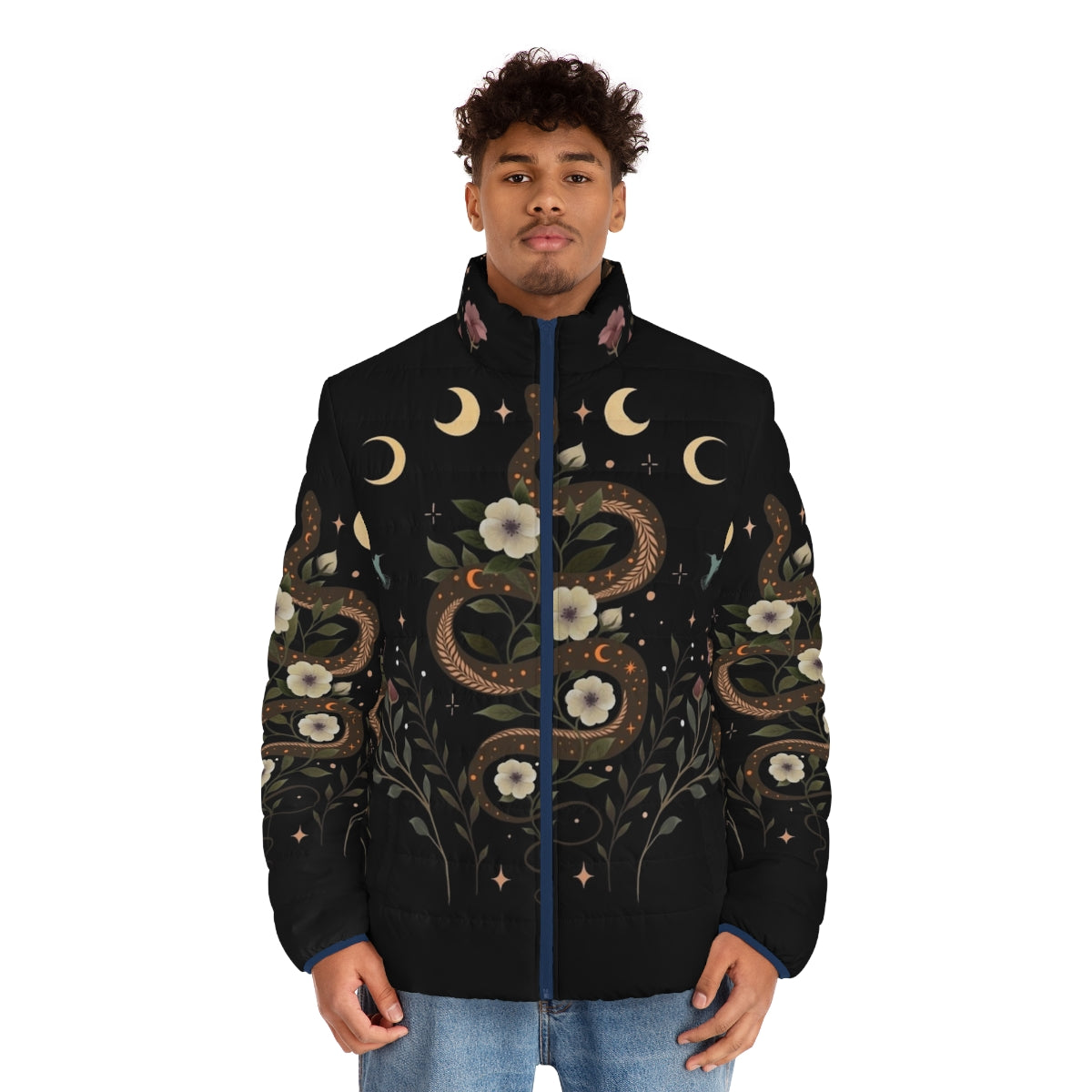 Serpent Spell Puffer Jacket in Mystical Botanical and Moonlight Design - men front