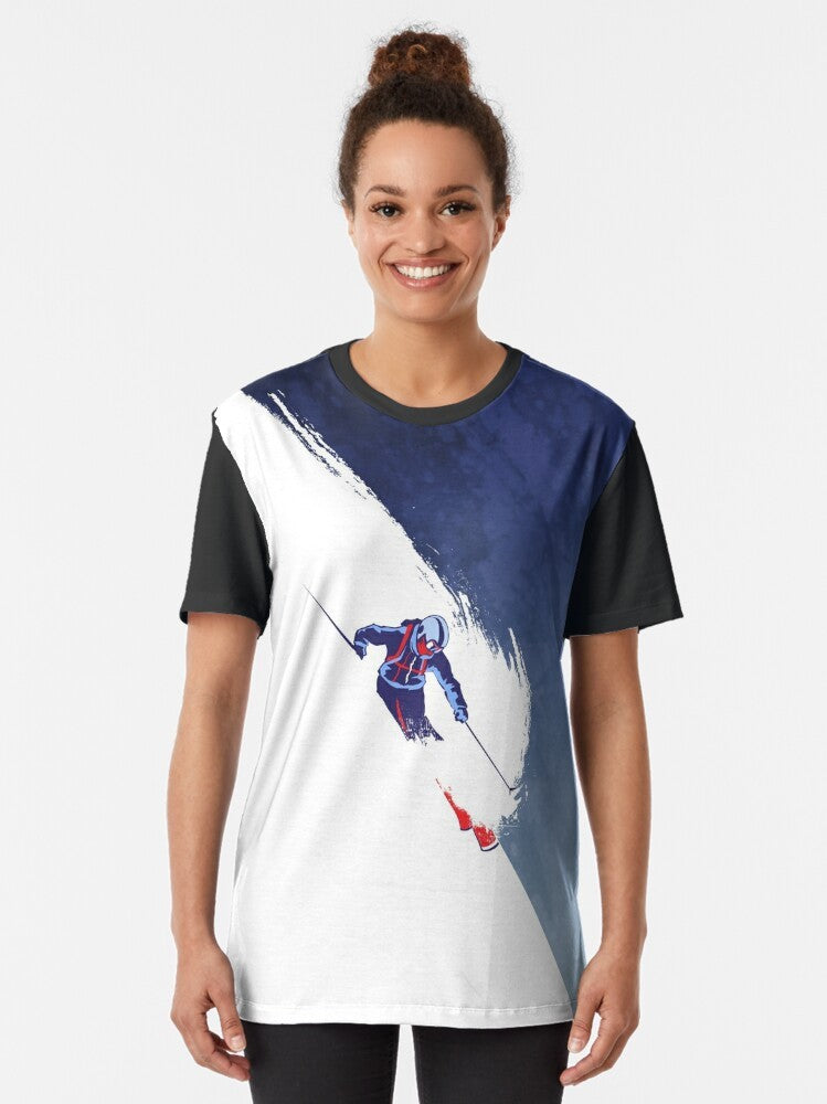 Vintage-style graphic t-shirt featuring a "Powder to the People" slogan design with a skiing illustration, snowflakes, and a retro sports aesthetic. - Women