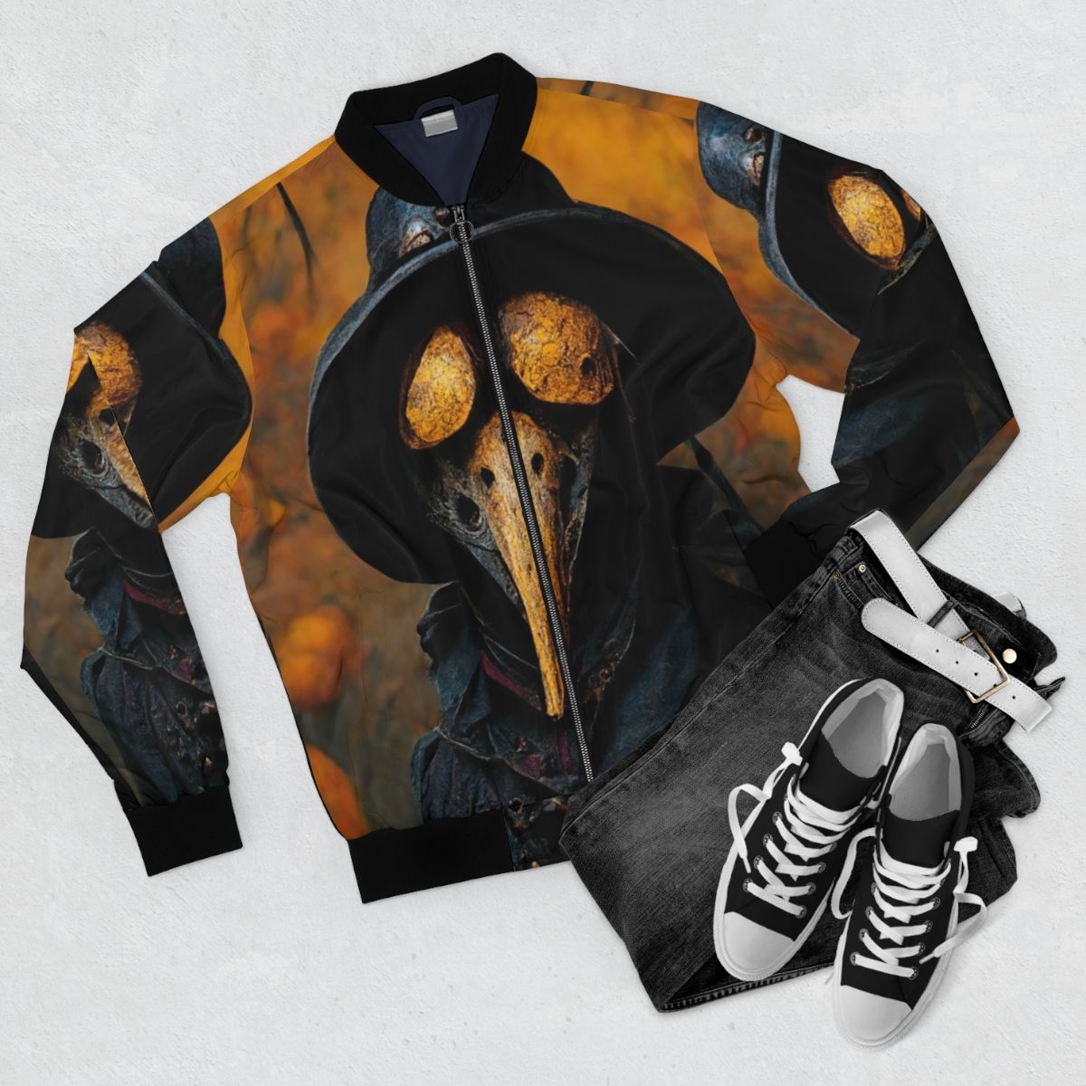 A plague doctor-inspired bomber jacket with a dark, spooky design perfect for Halloween. - Flat lay