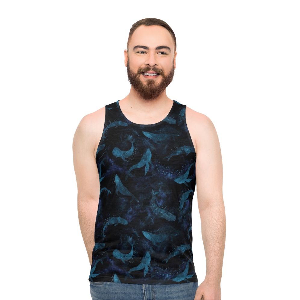 Indigo blue unisex tank top with whale design - men