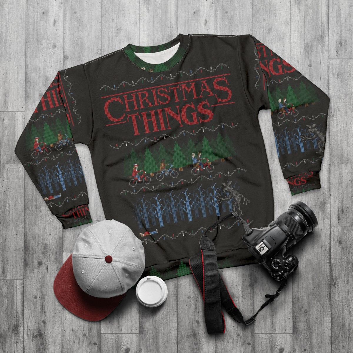 Christmas Things Sweatshirt 2 - Festive Holiday Sweater - flat lay