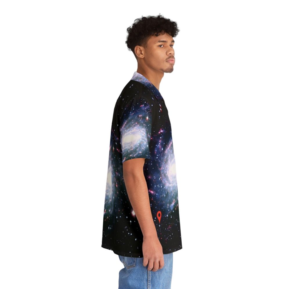 Galactic Location Hawaiian Shirt featuring a cosmic print of stars, planets, and the Milky Way - People Pight