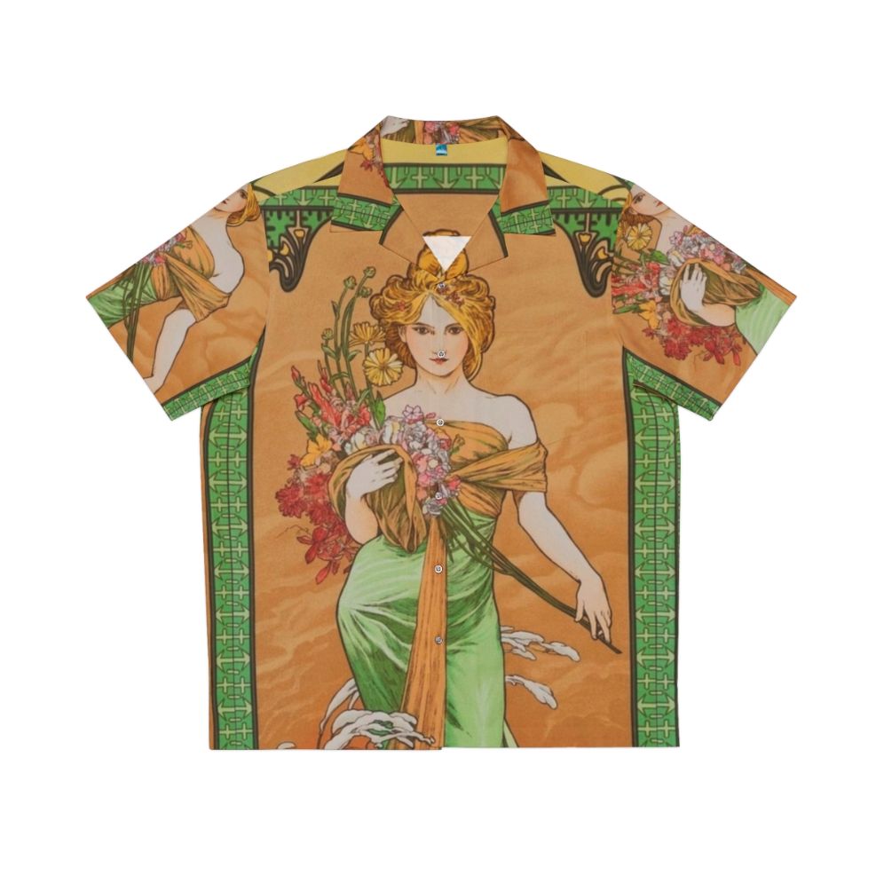 Alphonse Mucha inspired Hawaiian shirt with floral and seasonal designs