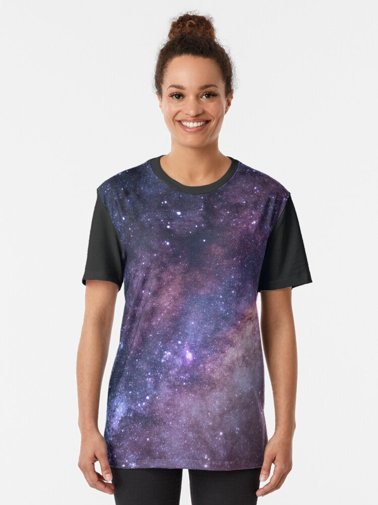 Galaxy Graphic T-Shirt with Purple Stars and Cosmic Design - Women