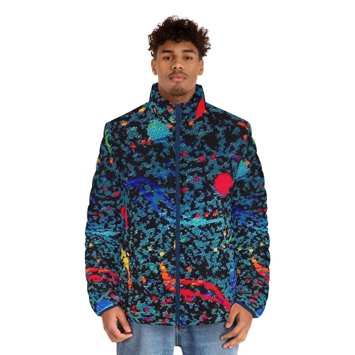 Puffer jacket with a retro bus seat pattern design, perfect for nostalgic millennials - men front