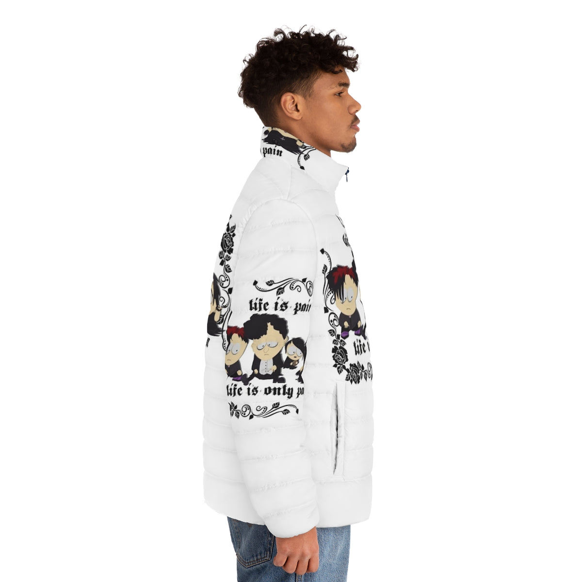 South Park Goth Kids Life Is Pain Puffer Jacket - men side right