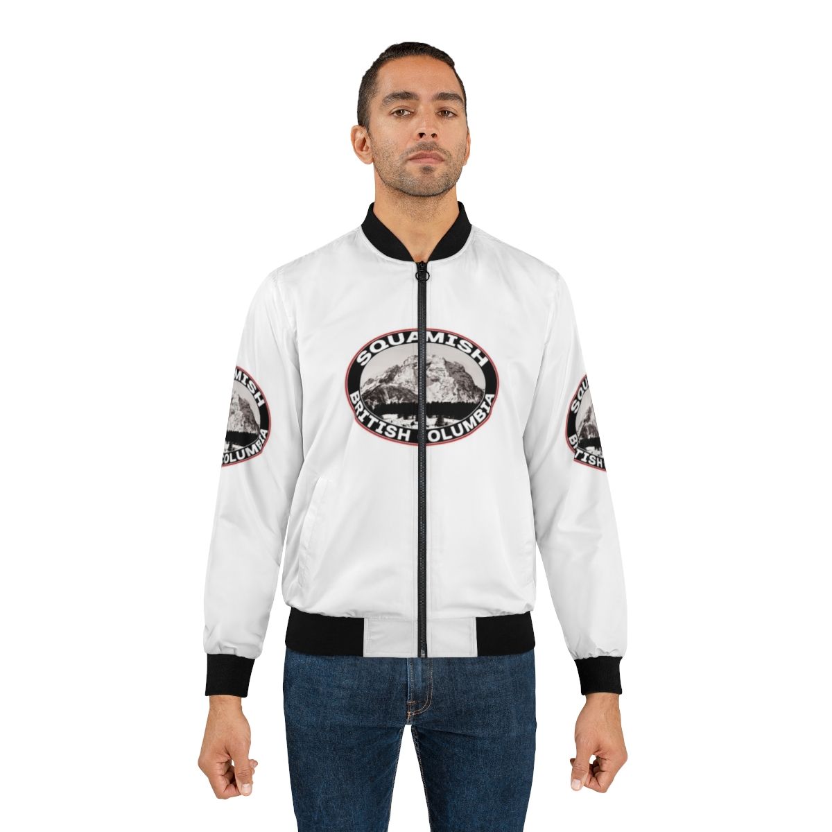 Squamish Mountains Bomber Jacket with Lake and Mountains in the Background - Lifestyle