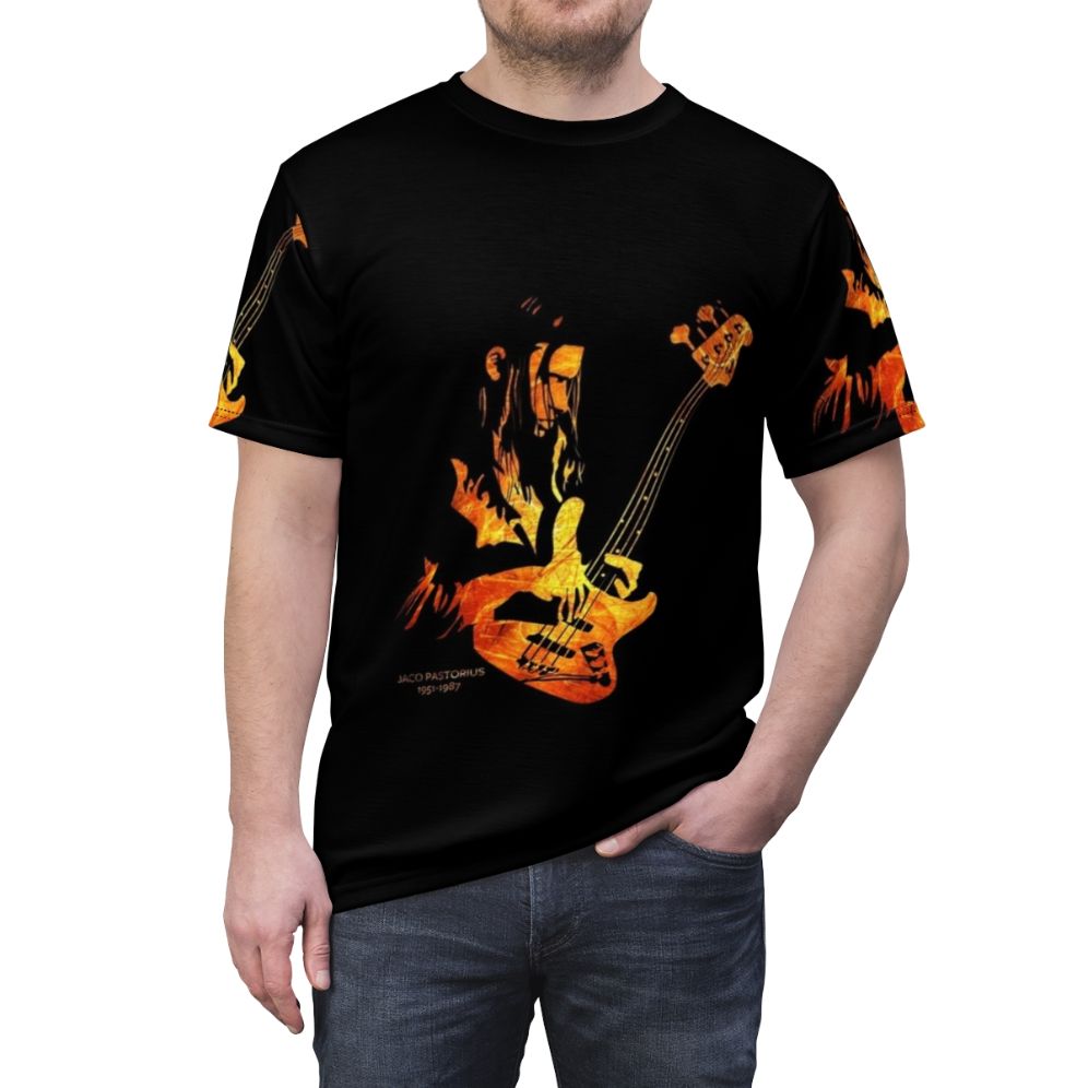 Jaco Pastorius tribute t-shirt featuring a fretless bass, honoring the legendary jazz fusion bassist - men front