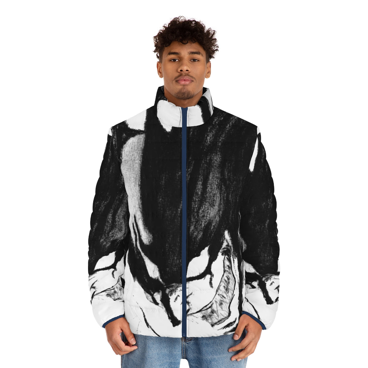 Devilman Crybaby anime-inspired puffer jacket with black and white superhero design - men front