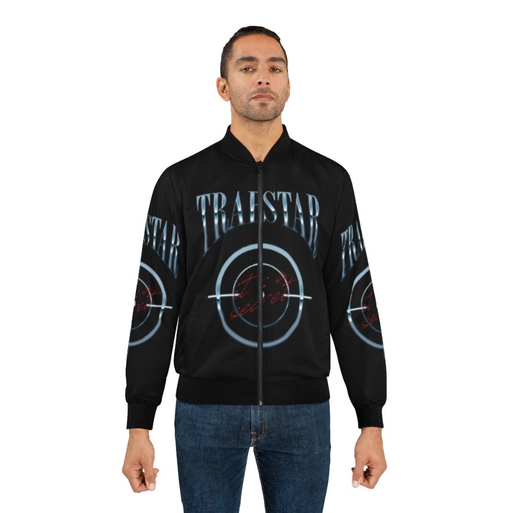 Trapstar Watch Your Back Bomber Jacket with Vibrant Purple Colors and Graphic Design - Lifestyle