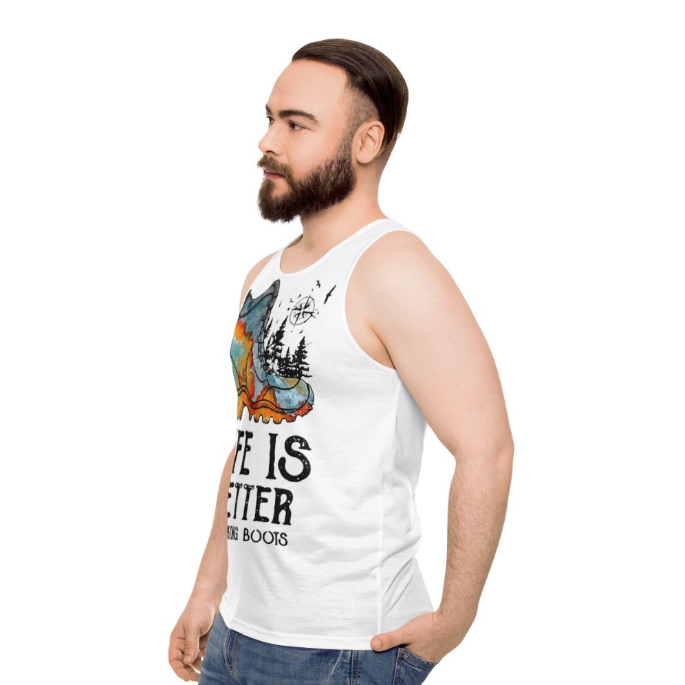 Unisex tank top with "Hiker Hobbies: Life is Better in Hiking Boots" design - men side