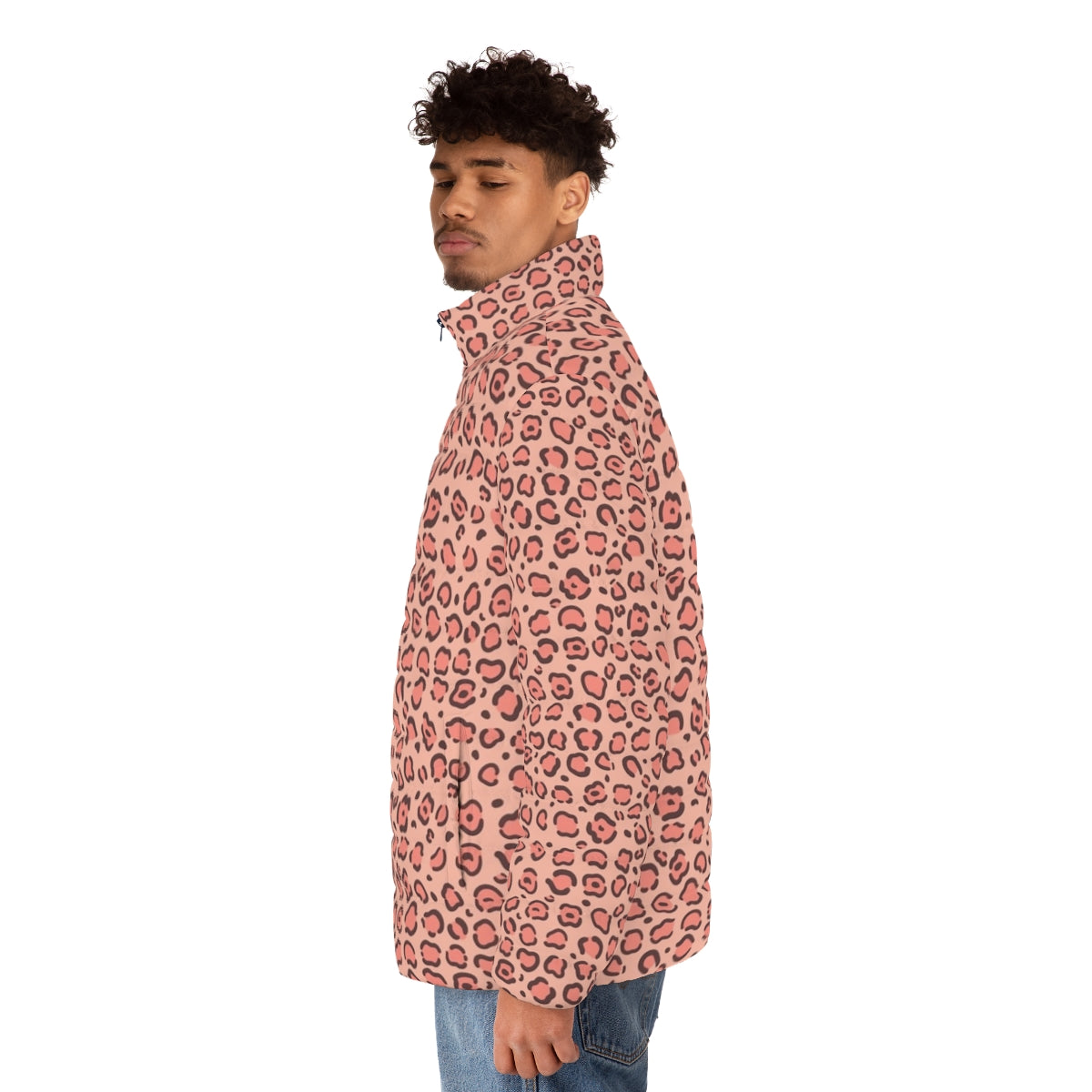 Leopard print puffer jacket with rosette pattern - men side left