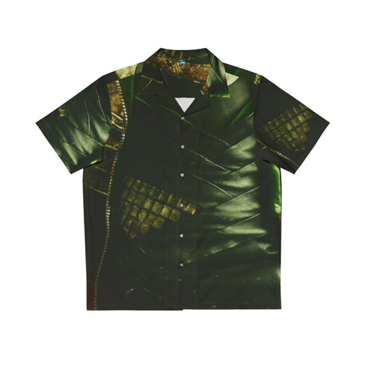 Model wearing a green hawaiian shirt with loki and norse mythology design