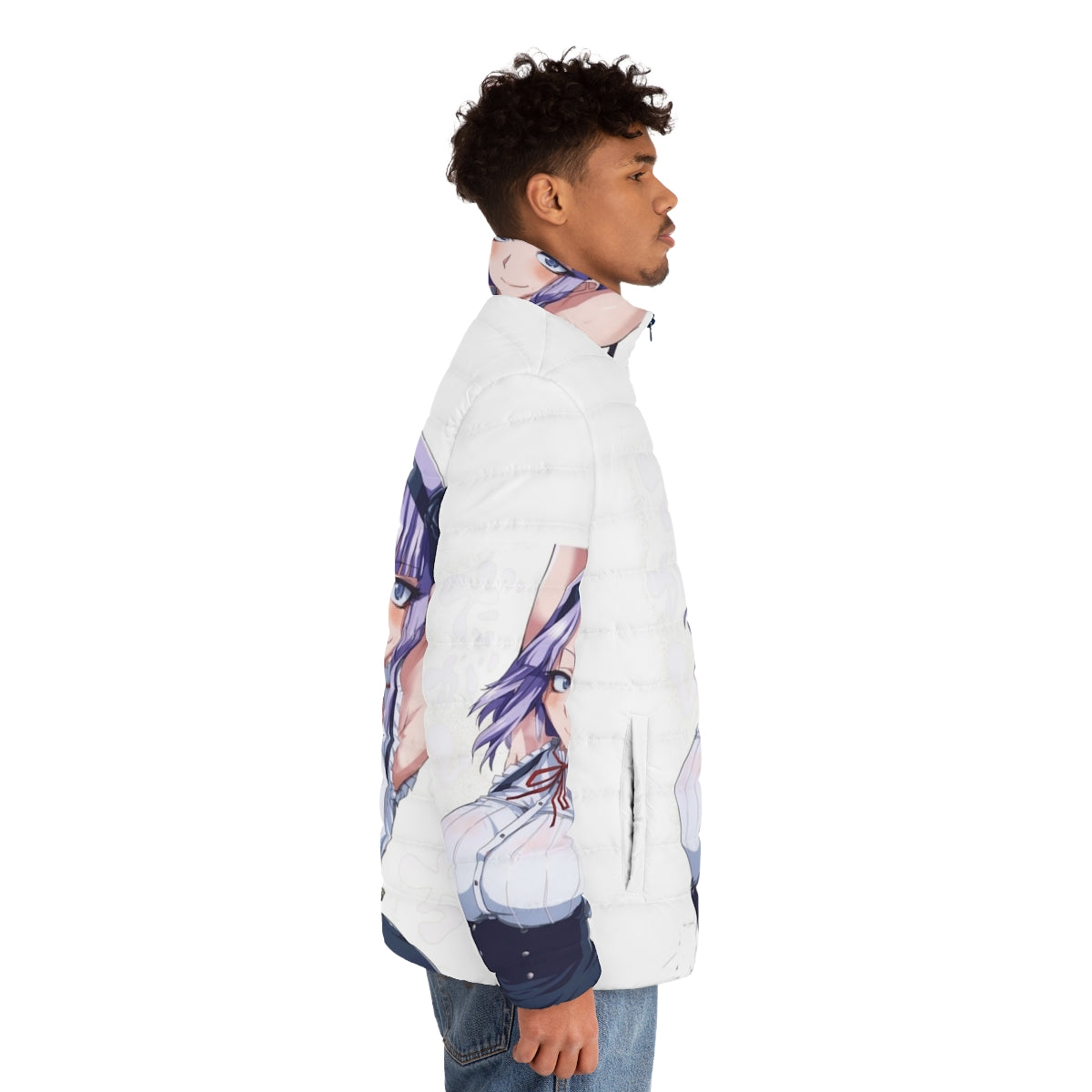 Dagashi Kashi Hotaru anime puffer jacket with vibrant anime design - men side right