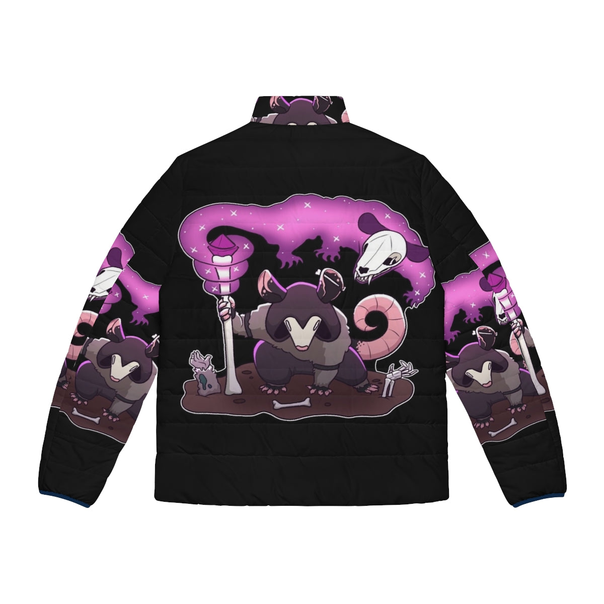 A dark and mystical puffer jacket featuring an opossum design with necromantic elements - Back