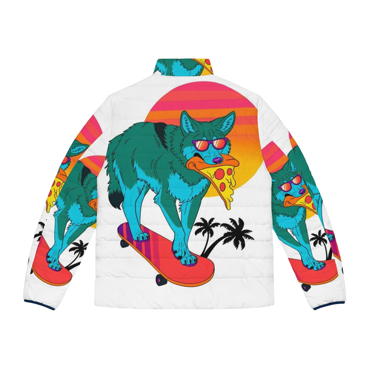 80s coyote puffer jacket with retro synthwave design - Back