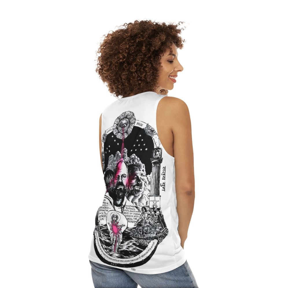 Unisex science fiction tank top featuring monochrome robot design - women back