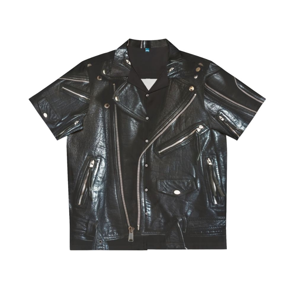 Black leather jacket with a tropical Hawaiian shirt pattern