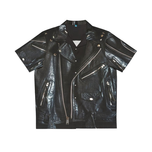 Black leather jacket with a tropical Hawaiian shirt pattern