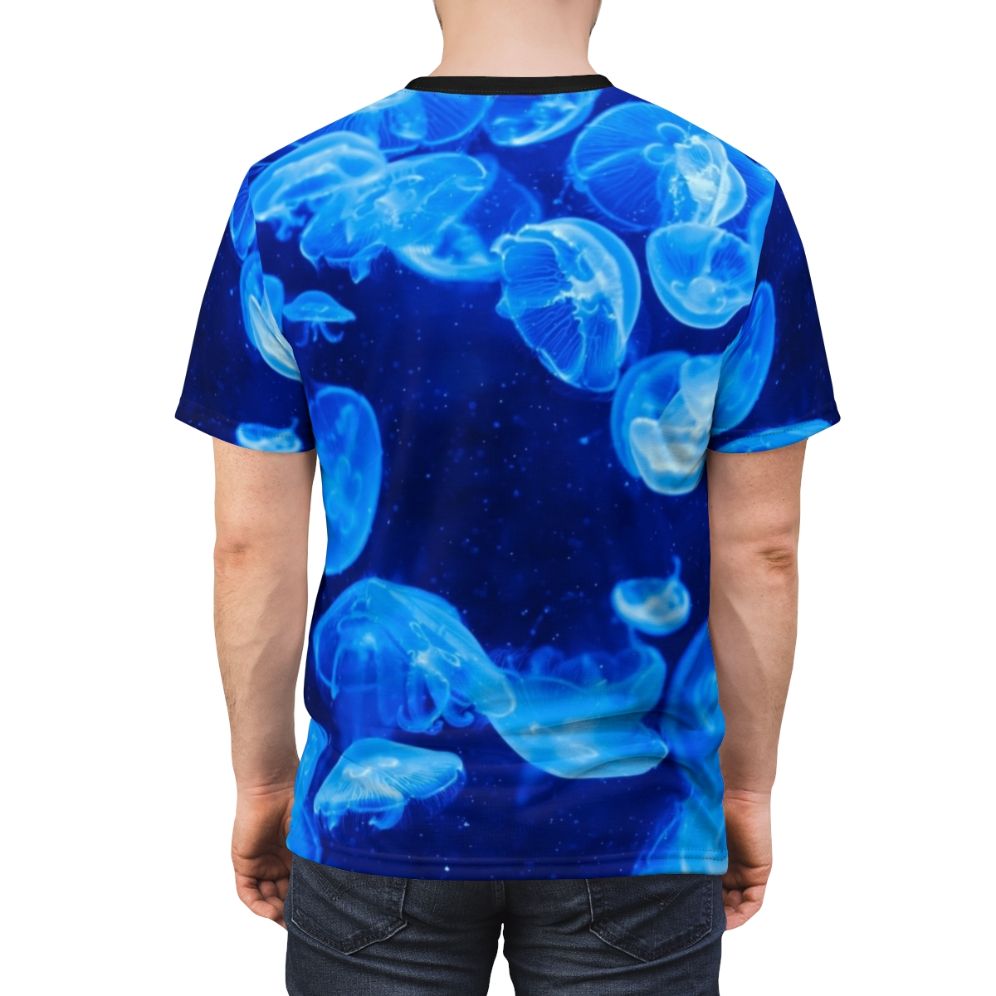 Stunning all-over print t-shirt featuring a colorful blue jellyfish design - men back