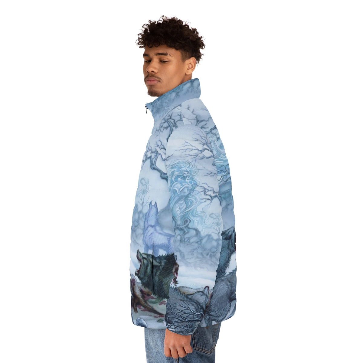 Elfquest inspired puffer jacket with wolf design - men side left