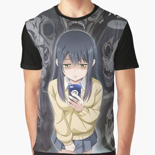 Mieruko-chan Monster Graphic T-Shirt featuring the anime character Miko Yotsuya and a funny ghost/monster design