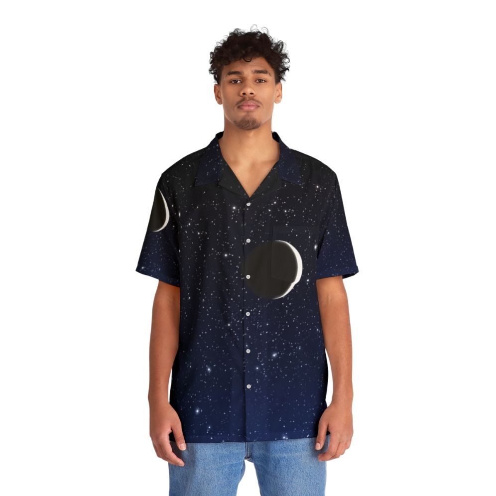 Midnight blue Hawaiian shirt with a starry night sky and crescent moon design - People Front