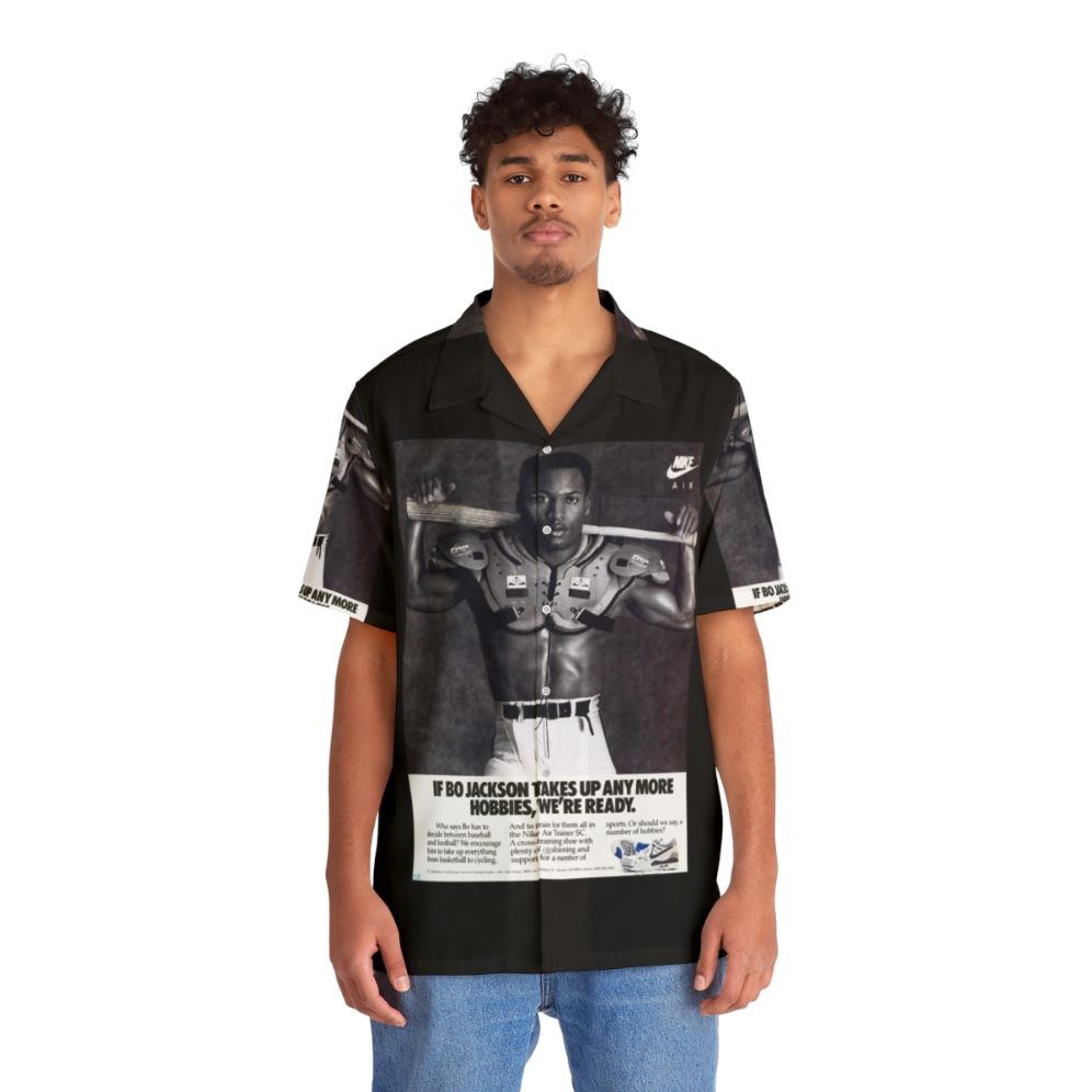 Black and white Hawaiian shirt with Bo Jackson art print - People Front