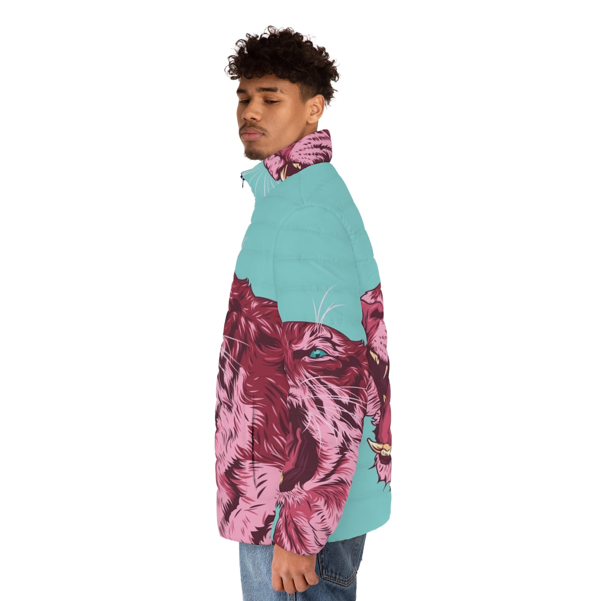 Magenta tiger puffer jacket with bold, vibrant pop art design - men side left