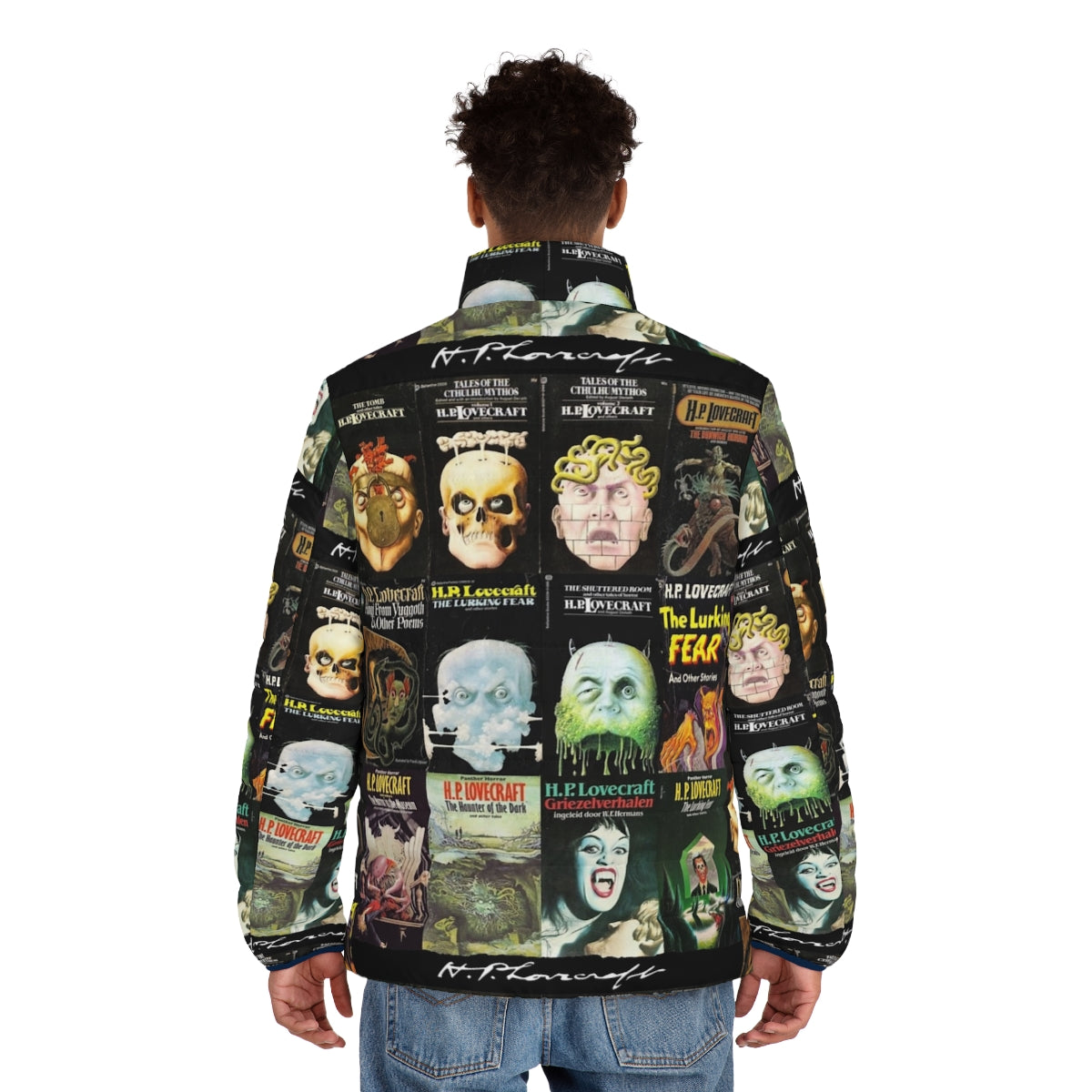 H.P. Lovecraft-inspired puffer jacket with horror book graphics - men back