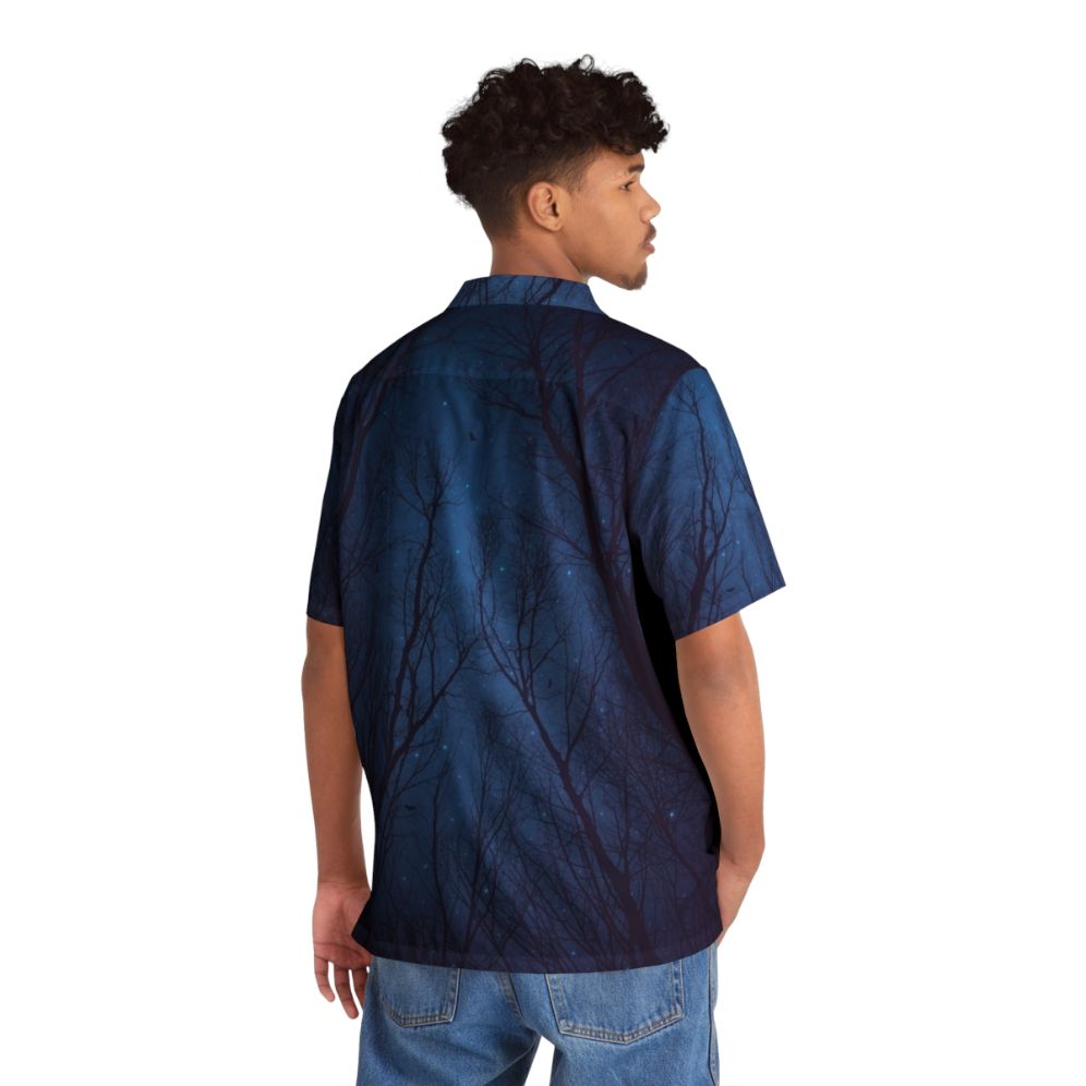 Indigo blue galaxy Hawaiian shirt with abstract tree branches and birds at night - People Back