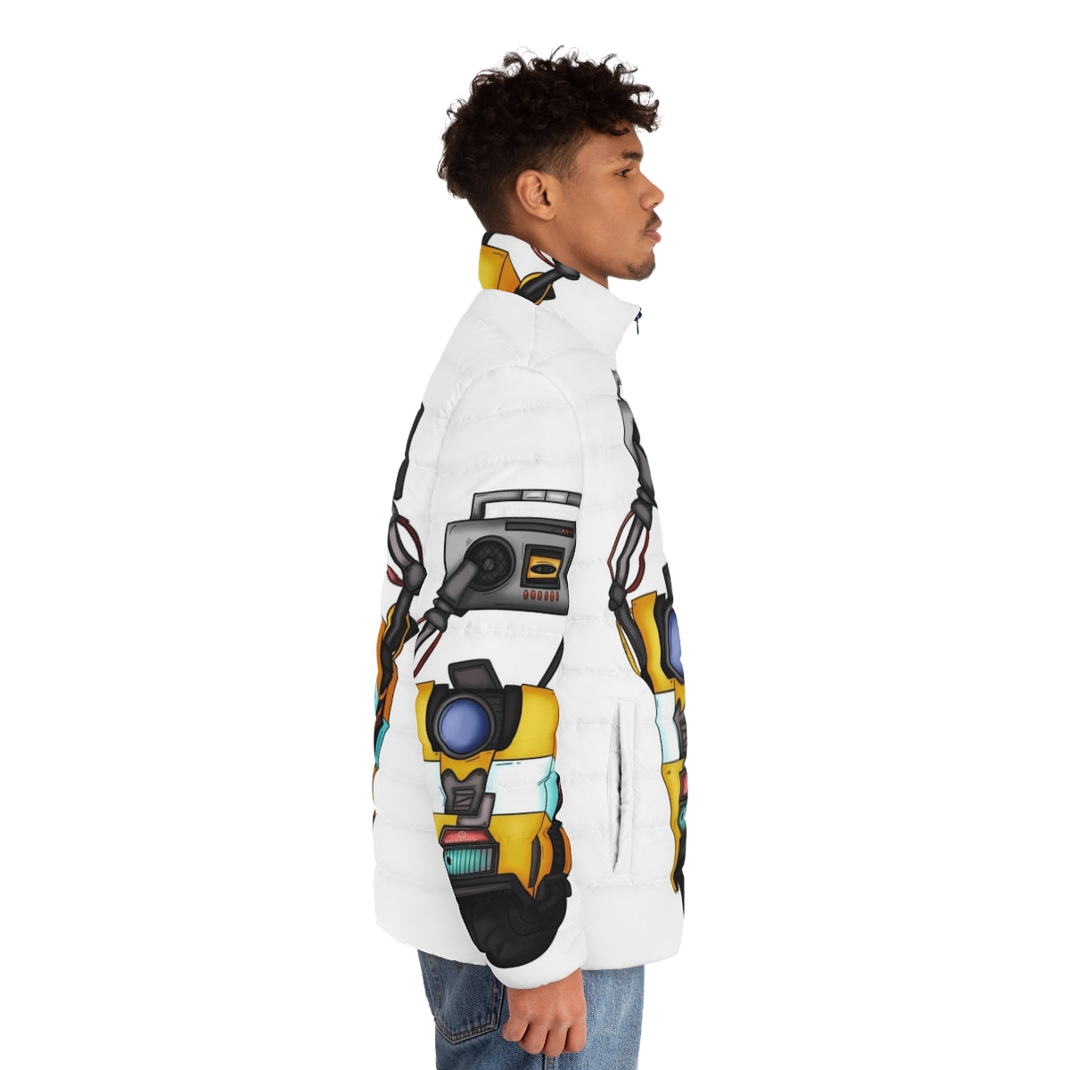 Borderlands Claptrap Boombox Puffer Jacket with a robotic design - men side right