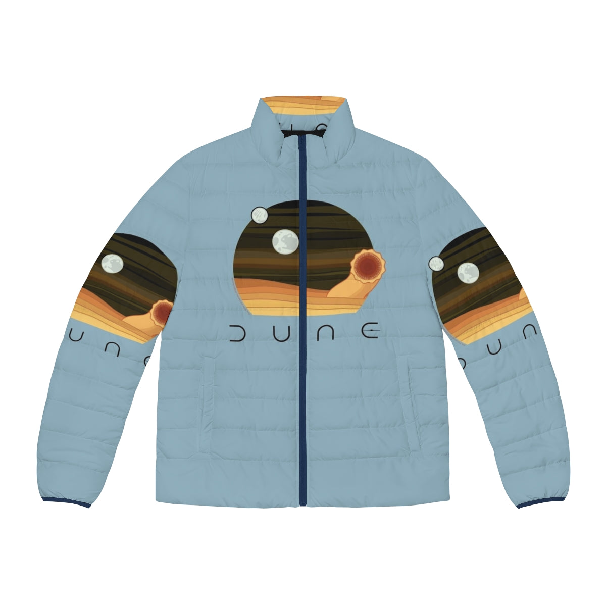 Dune-inspired puffer jacket with desert and sandworm design