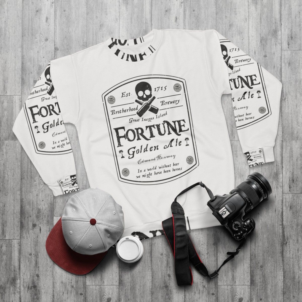 Assassin's Creed gaming sweatshirt with Fortune beer label design - flat lay