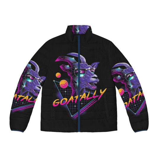 Goatally Puffer Jacket - A neon retro puffer jacket featuring a goat graphic for the ultimate synthwave style