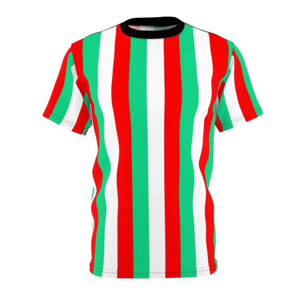 Vibrant red, green, and white striped t-shirt with a bold, graphic design