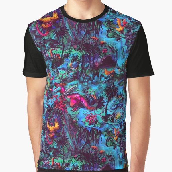 Paleo party dinosaur graphic t-shirt with a neon, psychedelic design